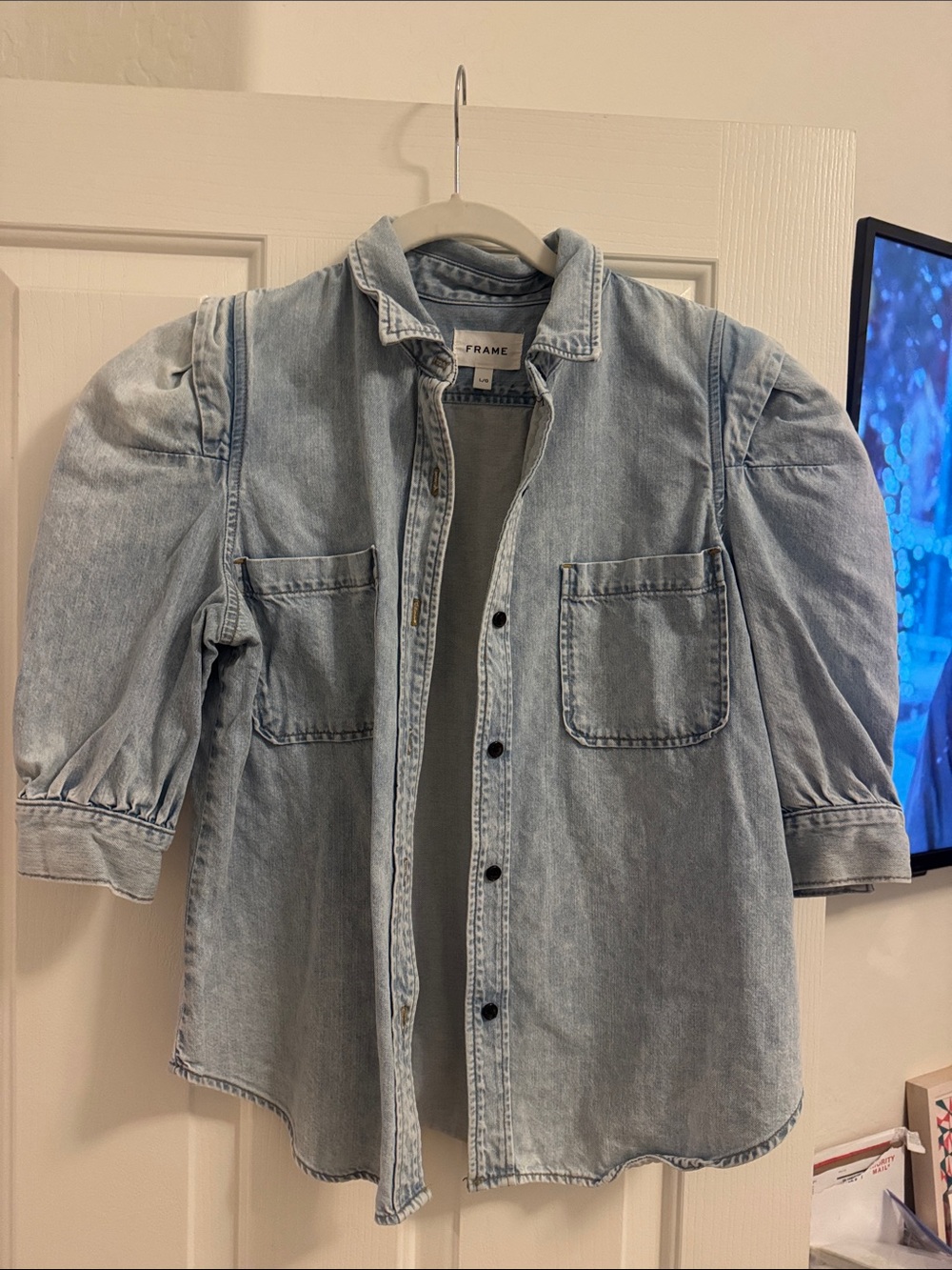 Frame Denim Pale Blue Puff Sleeve Denim Shirt
